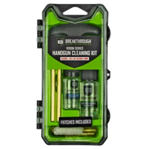 Handgun cleaning kit with patches and tools.