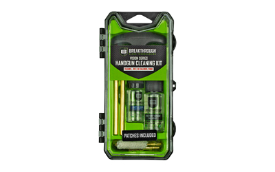 Handgun cleaning kit with patches and tools.