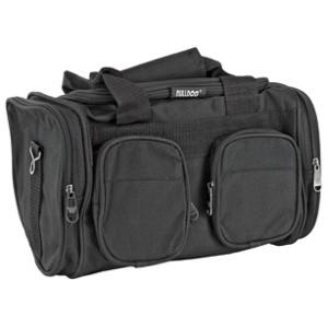 Black tactical duffel bag with multiple compartments.