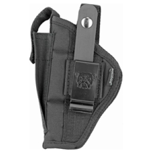 Black plastic gun holster with clip attachment.