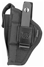 Black plastic gun holster with clip attachment.