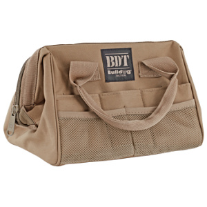 Beige tactical bag with handles and pockets.