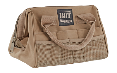 Beige tactical bag with handles and pockets.