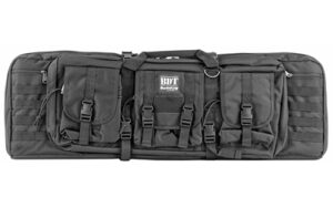 Black tactical rifle case with multiple pockets