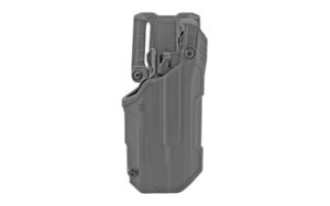 Gray tactical pistol holster with retention mechanism