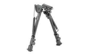 Adjustable metal rifle bipod on white background