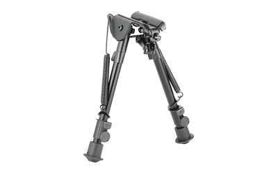 Adjustable metal rifle bipod on white background