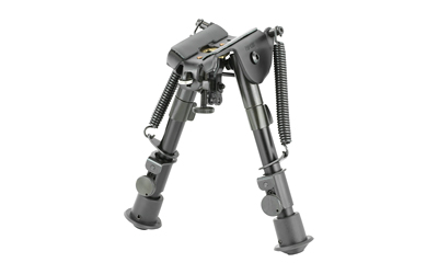Adjustable metal rifle bipod with spring-loaded legs