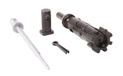 Disassembled rifle bolt carrier group components on white