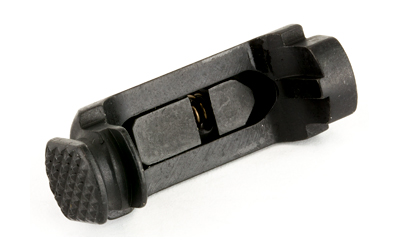 Black metal firearm component on white background