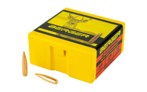 Yellow Berger ammunition box with two rifle cartridges