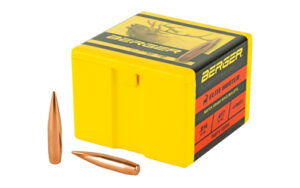 Berger ammunition box with two rifle bullets