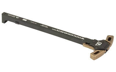Black charging handle for firearms with tan accents.