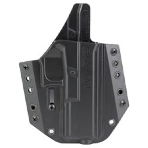 Black gun holster with multiple mounting holes.