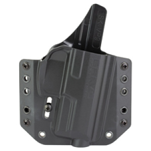 Black Kydex gun holster with adjustable retention.