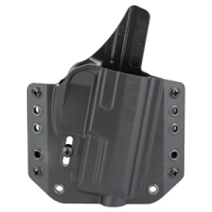 Black Kydex gun holster with adjustable retention.