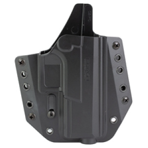 Black tactical gun holster with multiple rivets.