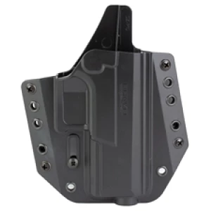 Black tactical gun holster with multiple rivets.