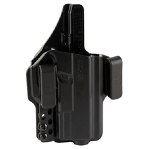 Black plastic gun holster with clip and screws.