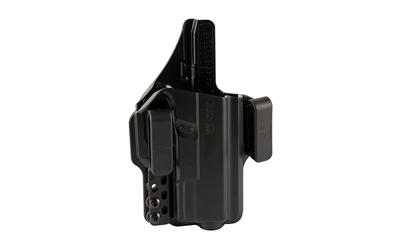 Black plastic gun holster with clip and screws.