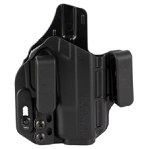 Black polymer gun holster, side view.