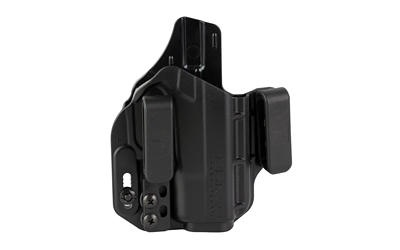 Black polymer gun holster, side view.