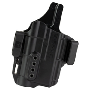 Black tactical firearm holster on white background.