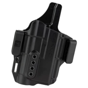 Black tactical firearm holster on white background.