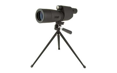 Spotting scope mounted on tripod against white background
