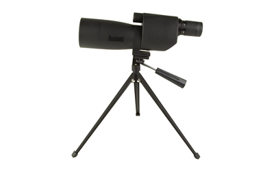 Black spotting scope mounted on tripod