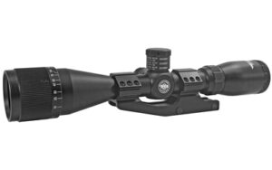 Black tactical rifle scope on white background