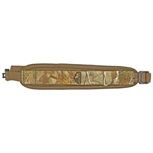 Camouflage rifle sling with brown accents.