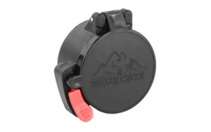 Black round hitch cover with red latch