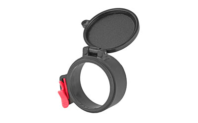 Flip-up rifle scope lens cover with red latch