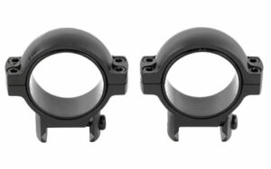 Two black metal scope rings on white background