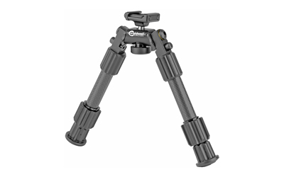 Black adjustable rifle bipod on white background