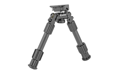 Black adjustable rifle bipod on white background