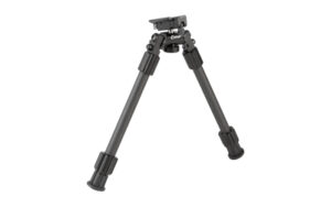 Adjustable black rifle bipod on white background