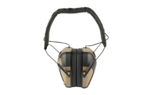 Black and tan over-ear hearing protection earmuffs