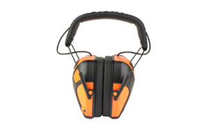 Orange and black over-ear hearing protection earmuffs