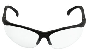 Black wraparound safety glasses with clear lenses
