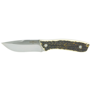 Hunting knife with textured handle and sharp blade.