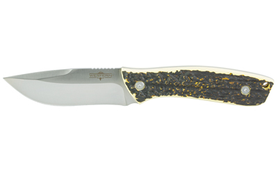 Hunting knife with textured handle and sharp blade.