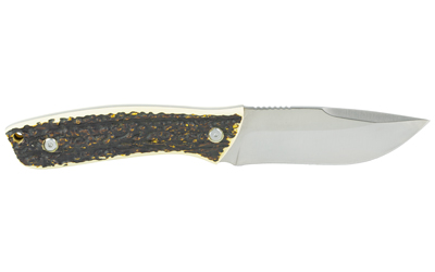 Hunting knife with antler handle and stainless blade.