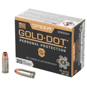 Speer Gold Dot 25 Auto ammunition box and cartridges