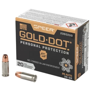 Speer Gold Dot 25 Auto ammunition box and cartridges