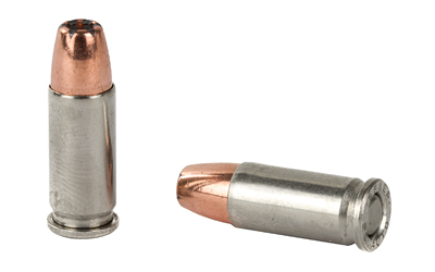 Two hollow-point handgun cartridges on white background