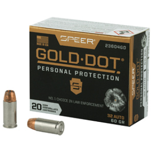Speer Gold Dot .32 Auto ammunition box and cartridges