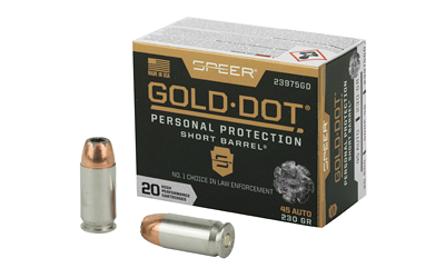 Speer Gold Dot .45 Auto ammunition box and cartridges