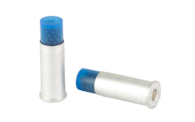 Two blue-tipped ammunition shotshells on white background.